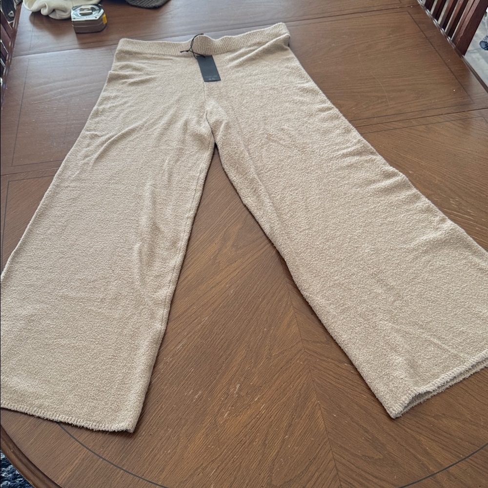 Beige Wide-Leg Terry Knit Pants
